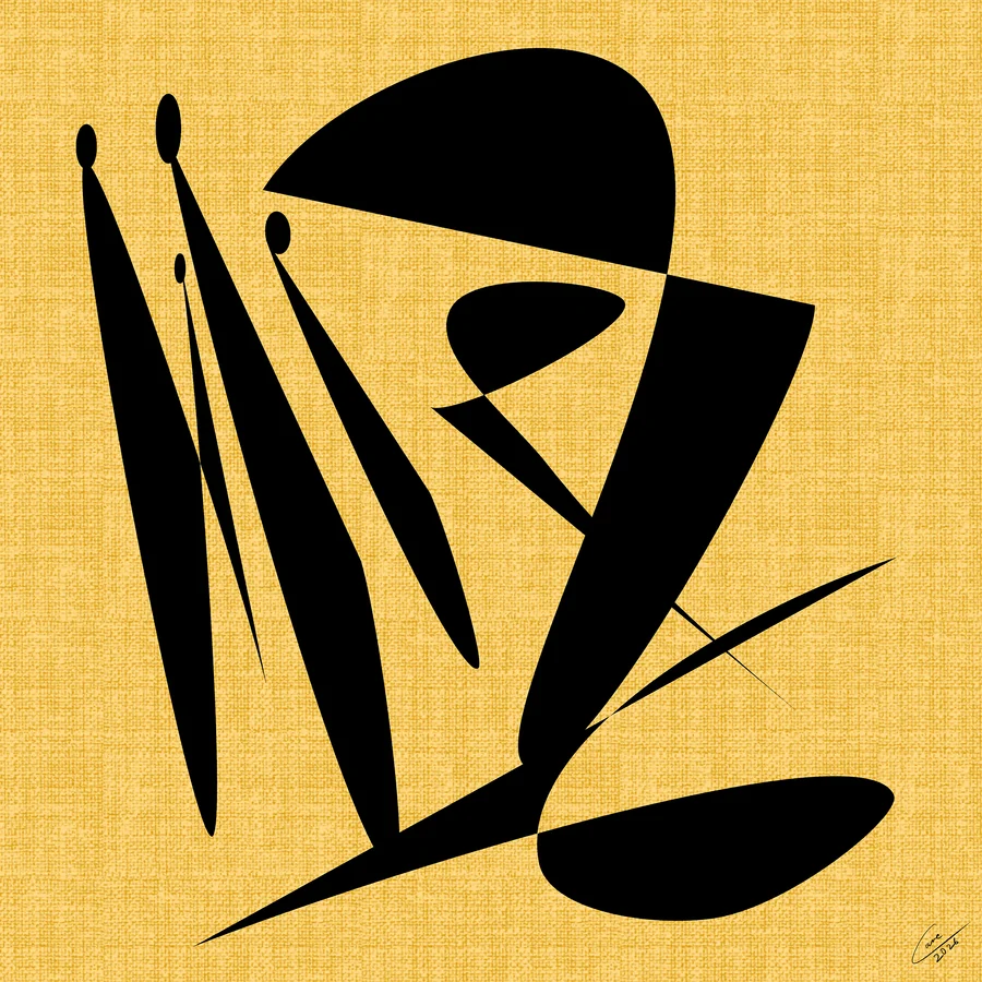 Endless Conversations, black angular figures leaning toward each other on textured ochre