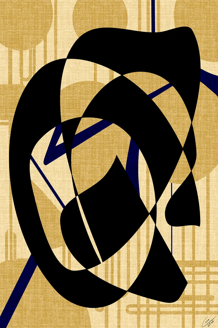 Entanglement, looping black ribbons crossed by navy lines over ochre circles and a woven grid