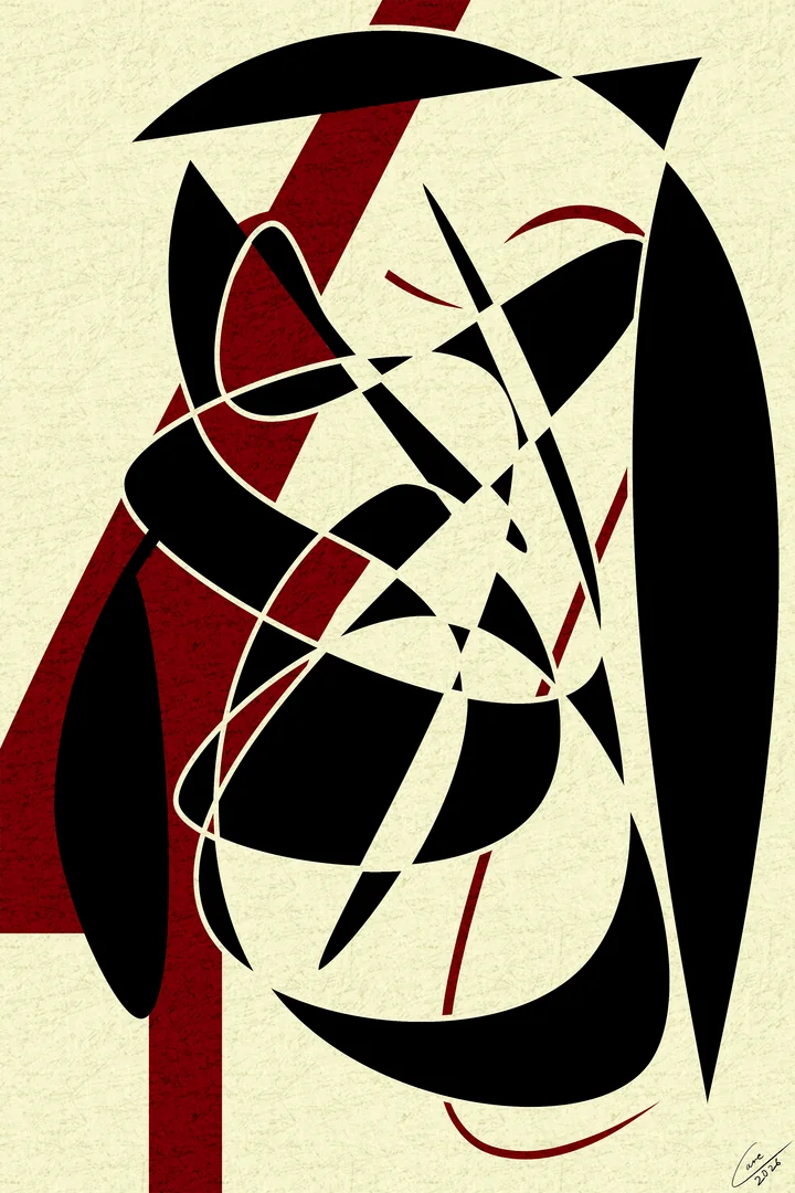 Inner Conflict, black and oxblood shards and sweeping lines knotted together over a cream ground