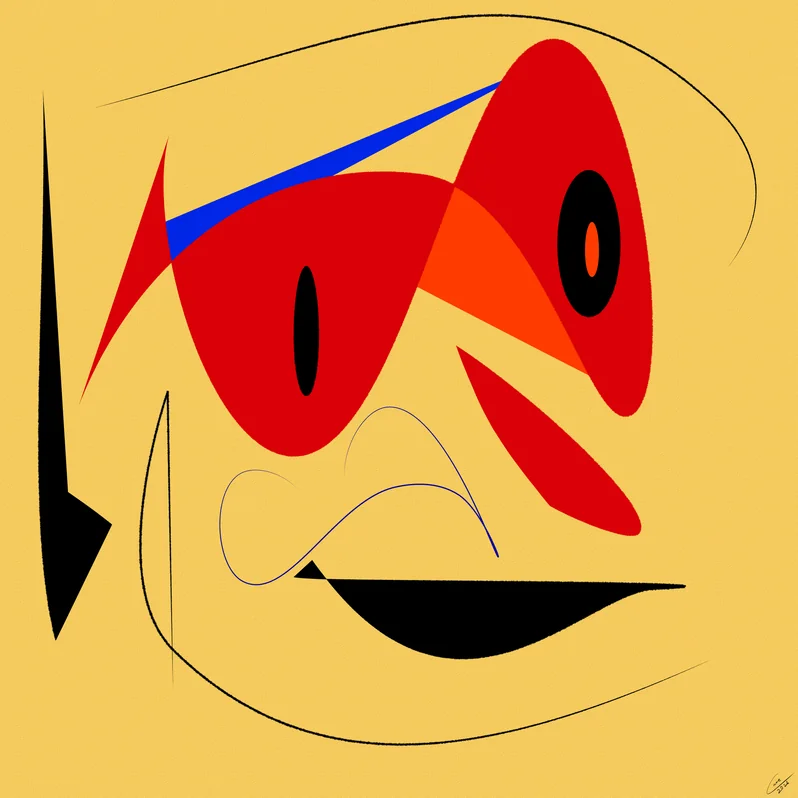 Madman, a red and orange face-like form with black eyes and a blue slash on warm yellow