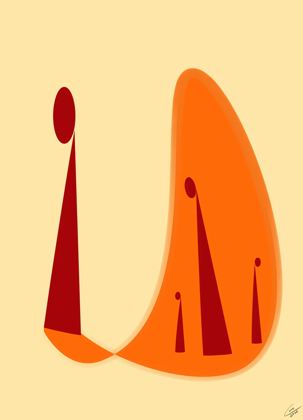 Overshadowed, a small dark red figure beside a towering orange organic form on pale peach