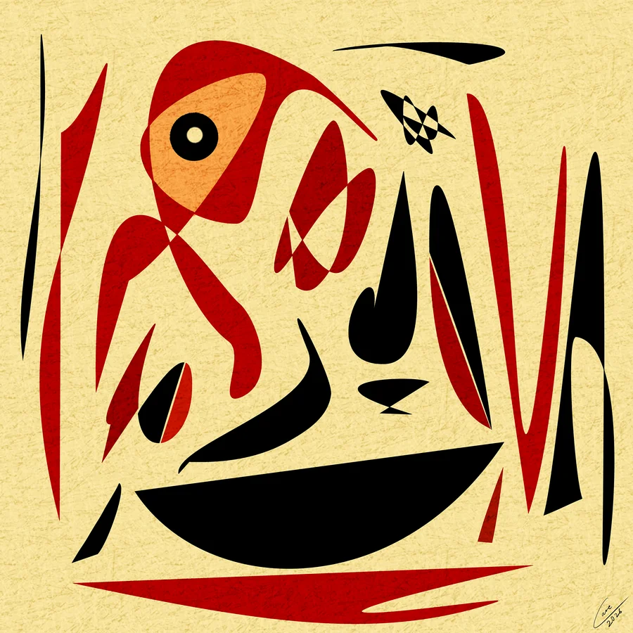 The Shaman Dance, red and black shards forming a dancing figure with one watchful eye on textured cream