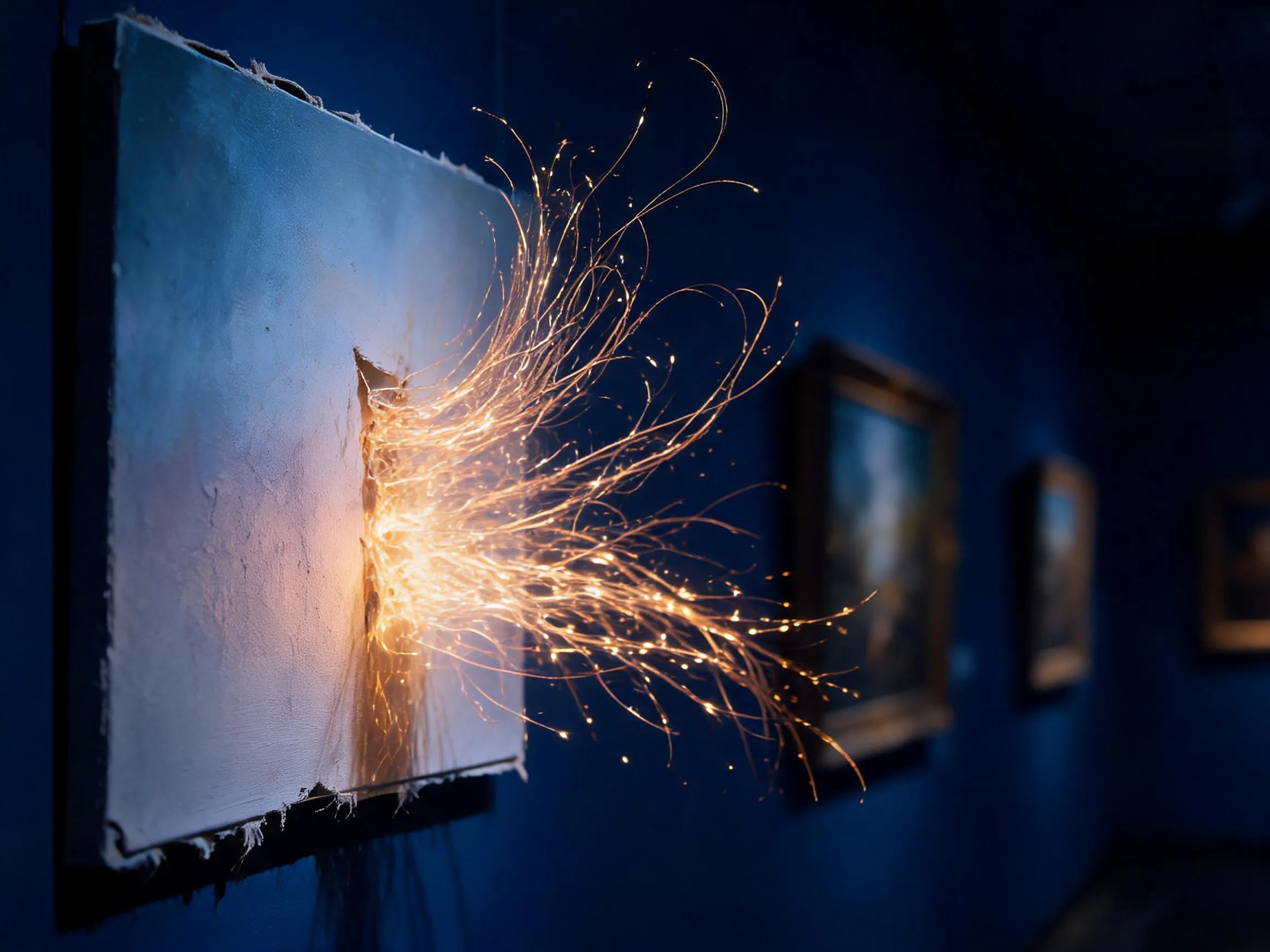 A gallery painting on drywall whose corner unravels into golden thread drifting upward