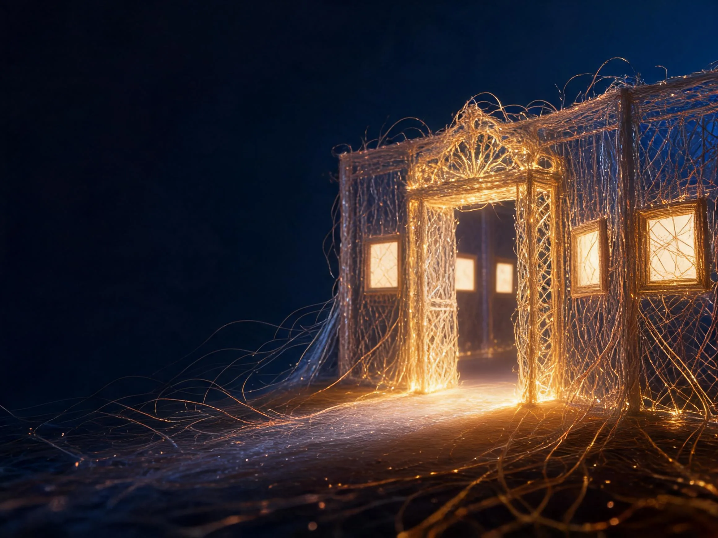 A miniature gallery hall woven entirely from threads of golden light, with a glowing doorway