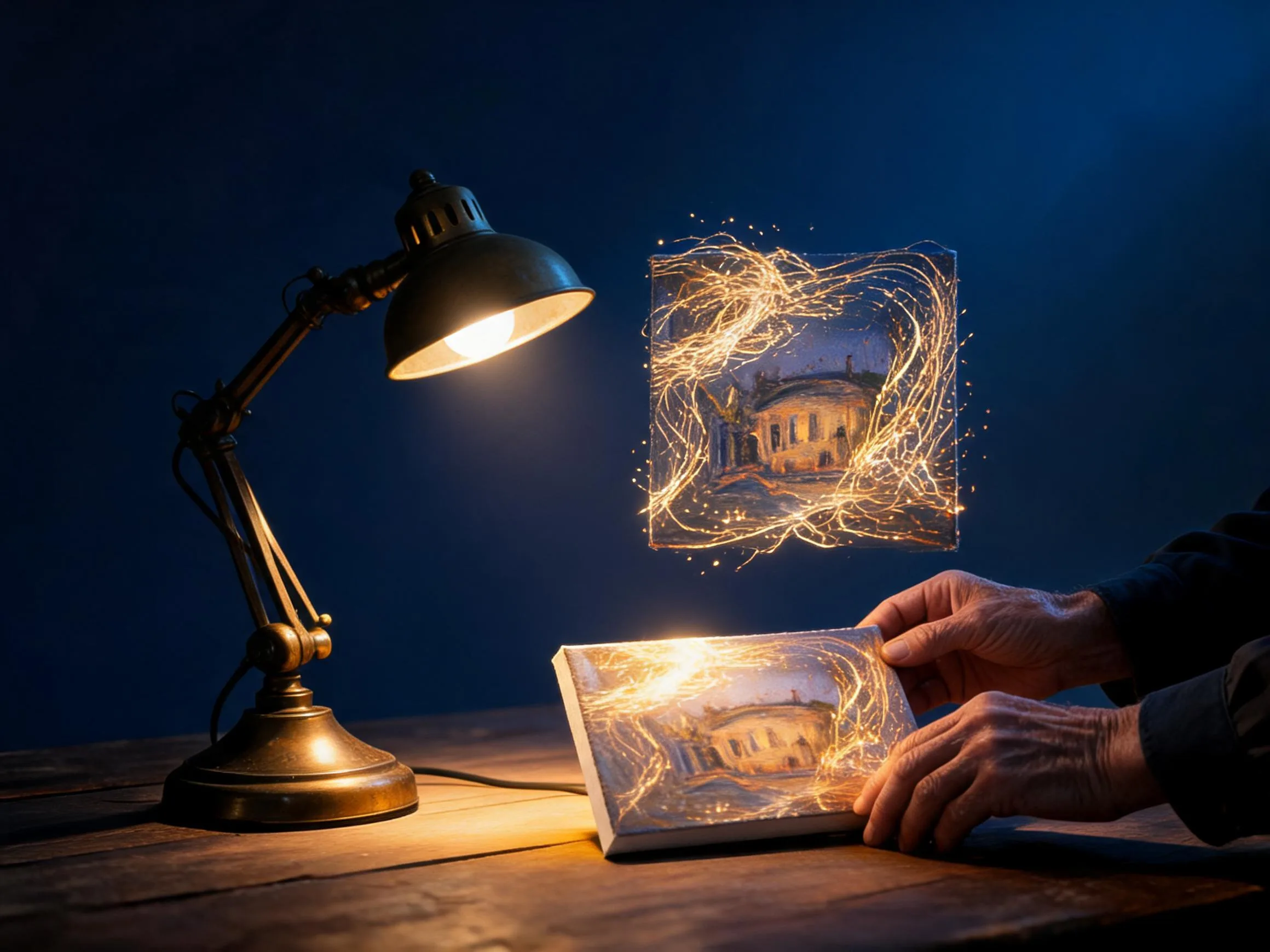 An artist’s hands placing a painting under a brass lamp as its golden digital twin rises above it