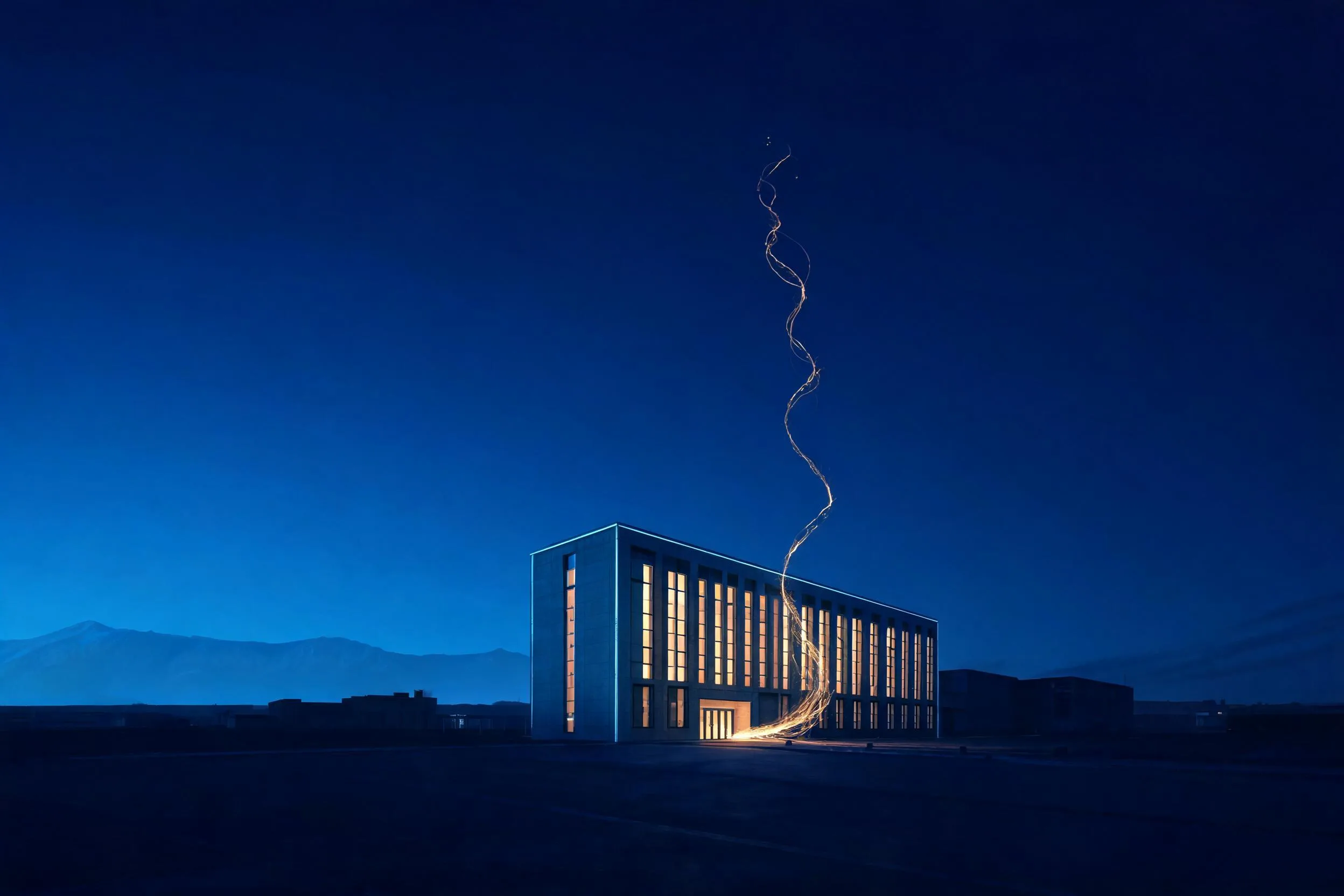 Key art: a venue glowing warm gold at night, a thin thread of light rising from its doors into the sky