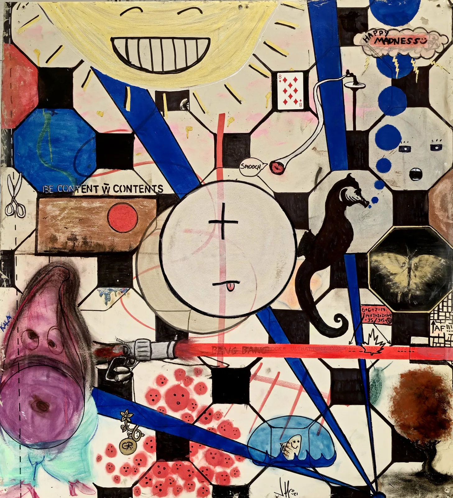 Crazy Eight, smiling sun over geometric checkers, seahorse and playing-card fragments on drywall