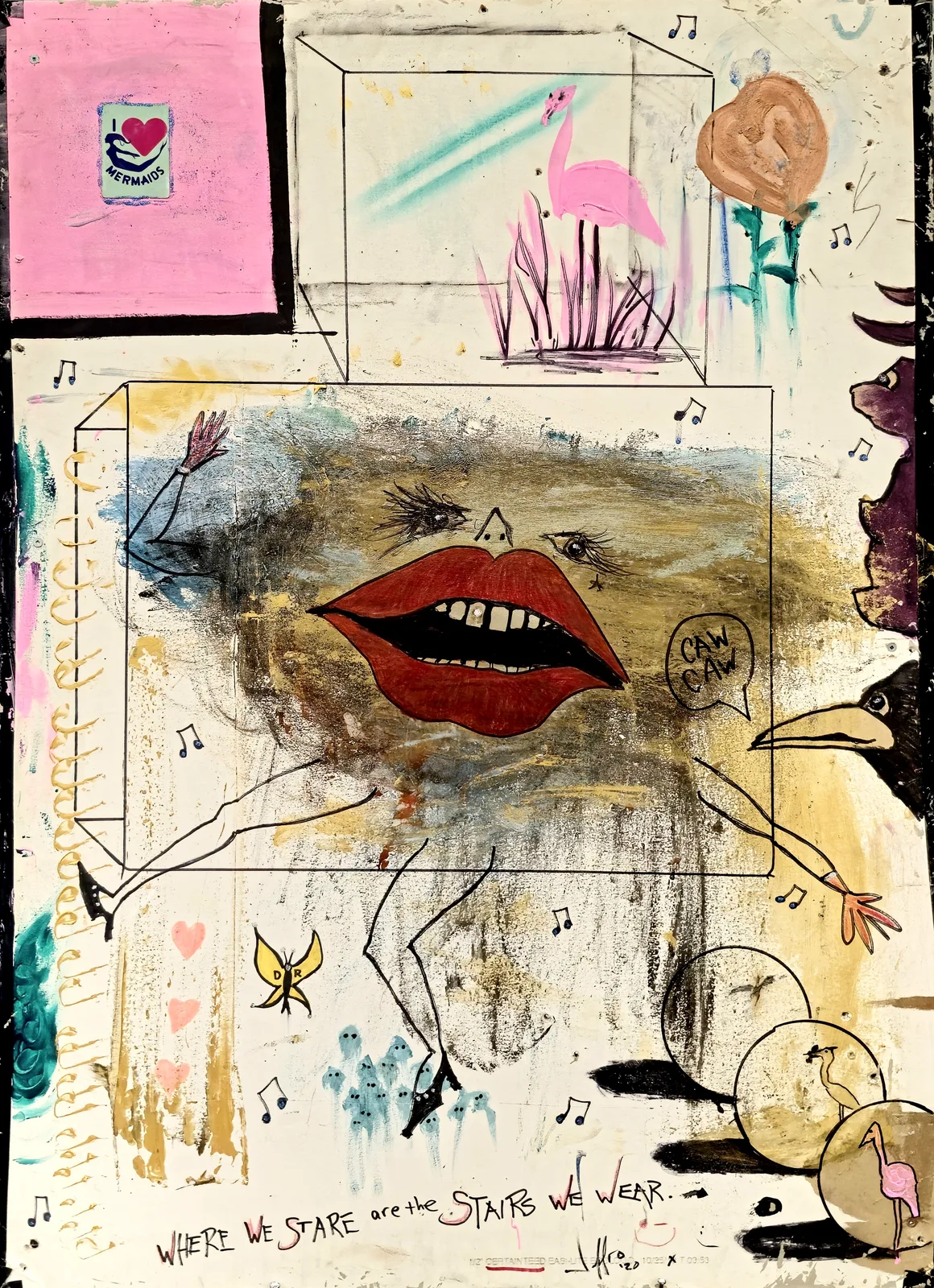 Flamingo-Go, red lips and a flamingo sketched over an earthy abstract field on drywall