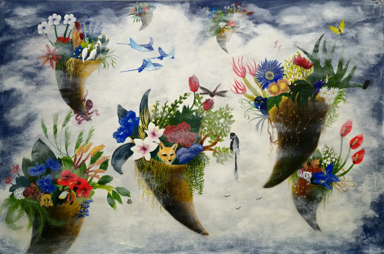 Flight of Flora Fauna, cornucopias of flowers and birds drifting across a clouded sky on drywall