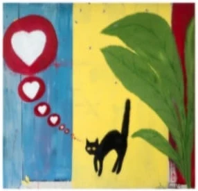 Scaredy Cat, black cat arching before a leaf and a chain of hearts on blue and yellow panels