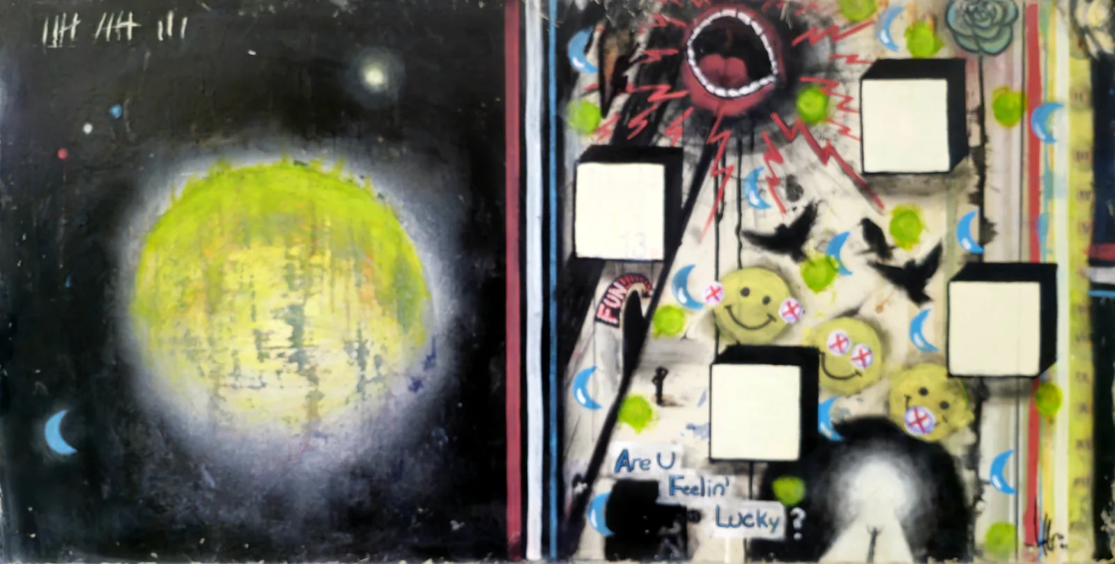 Square Up Fun, glowing yellow moon beside white squares bursting from a dark field on drywall