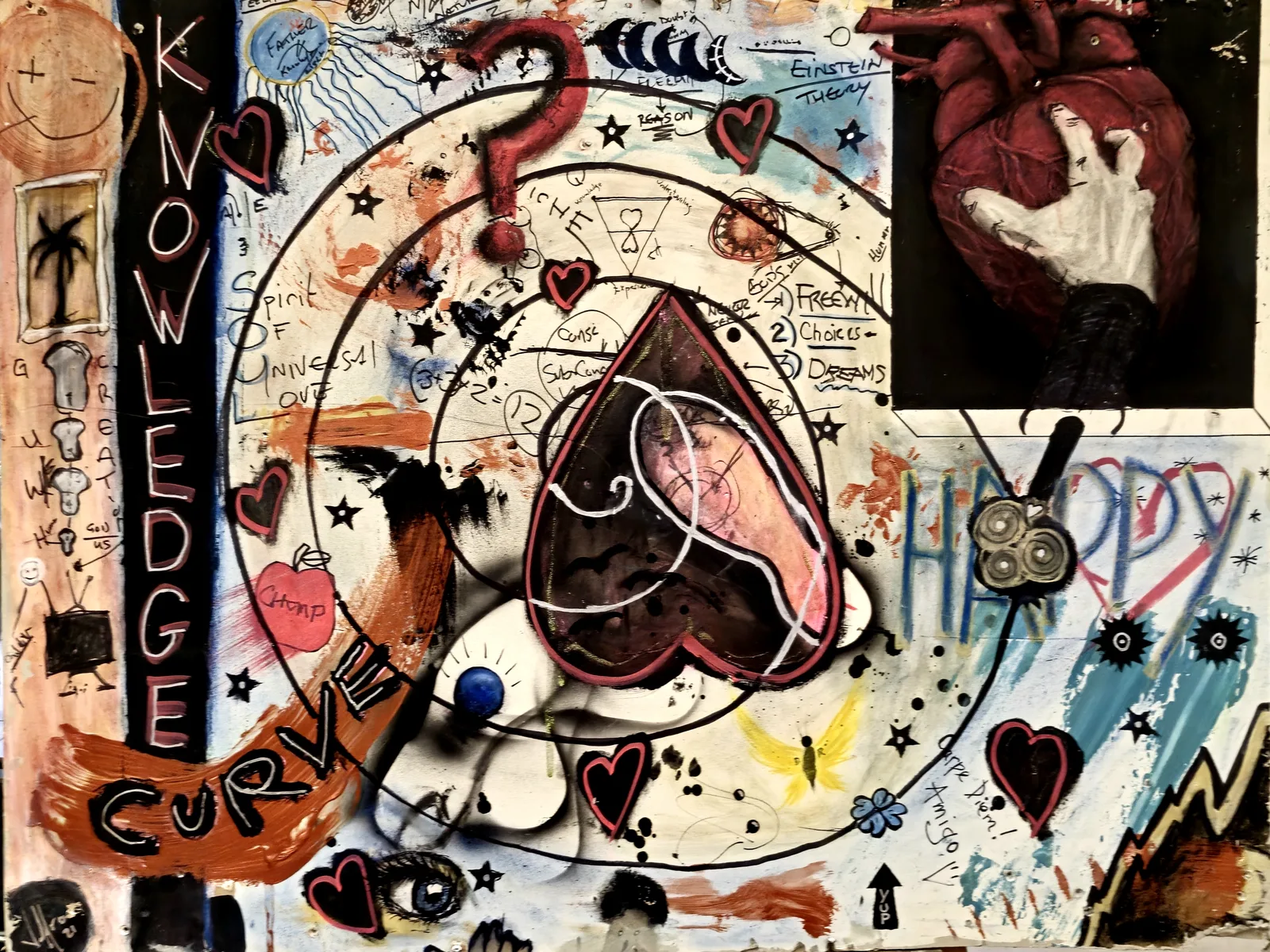 Ticker Tinker, anatomical heart circled by the words knowledge and curve on layered drywall