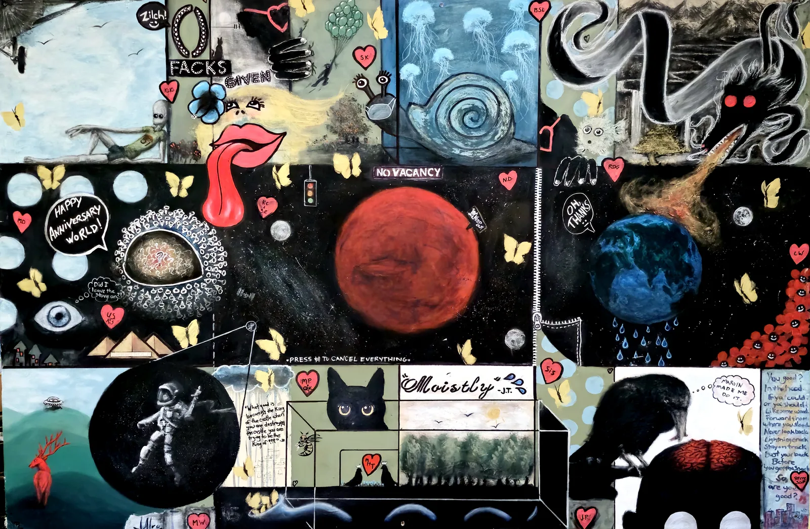 Time Vacancy, dense collage field of planets, eyes, butterflies and figures in blacks and golds on drywall