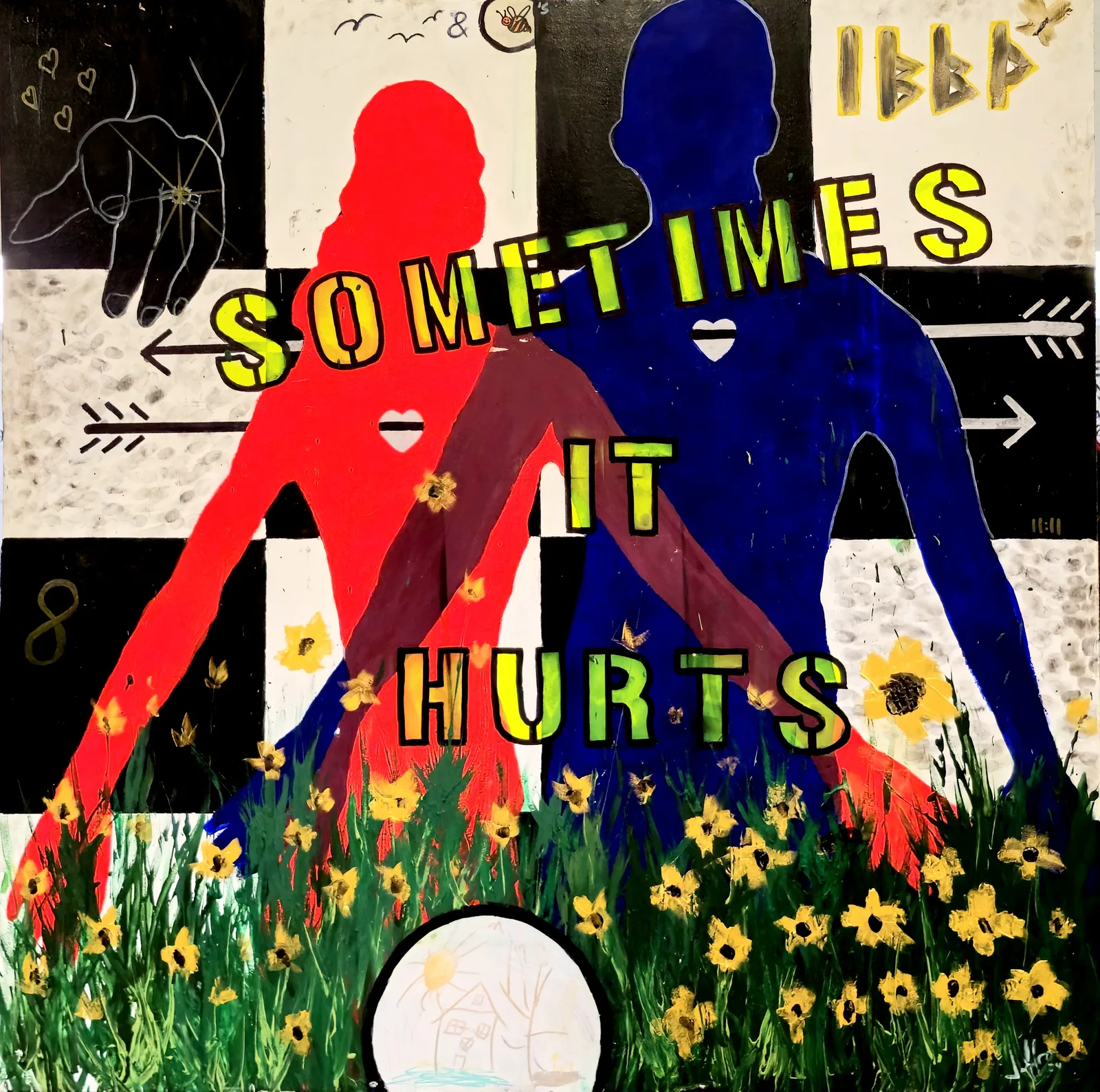 Tough Love, red and blue figures back to back over sunflowers, lettered “sometimes it hurts”