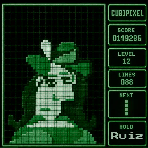 Arcade-green pixel portrait of a woman in a hat