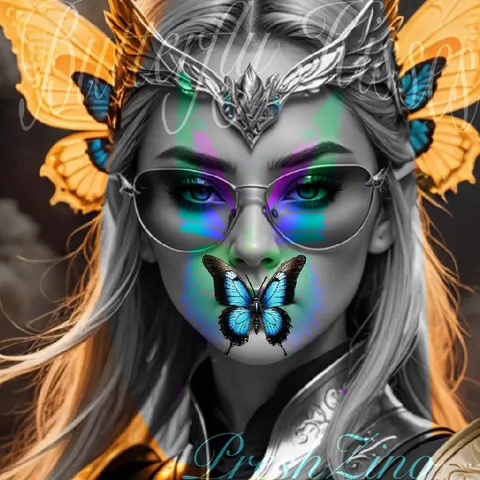 Monochrome portrait crowned with orange butterflies