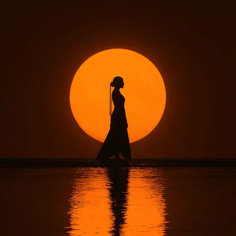 “Ember Tide”, a silhouetted figure standing in water before a huge amber sun