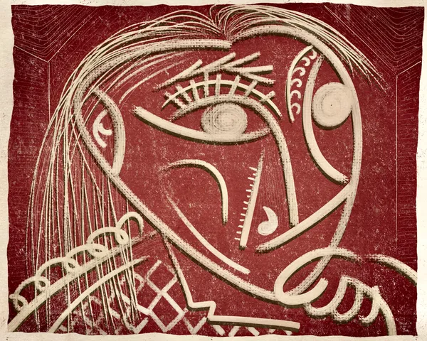 “Torero” from the Cubist Fragments collection, crimson single-line figure on textured ground