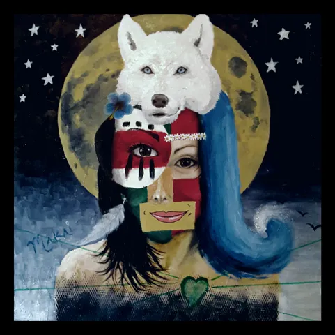 “Moon Wolf” by Jeffro, hand-painted surreal collage of a white wolf and full moon