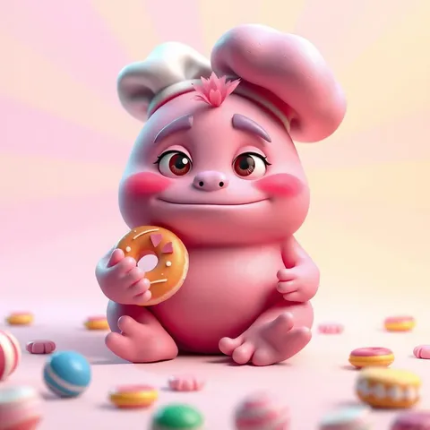 “Gourmet Monsters”, a rosy sculpted creature clutching a doughnut