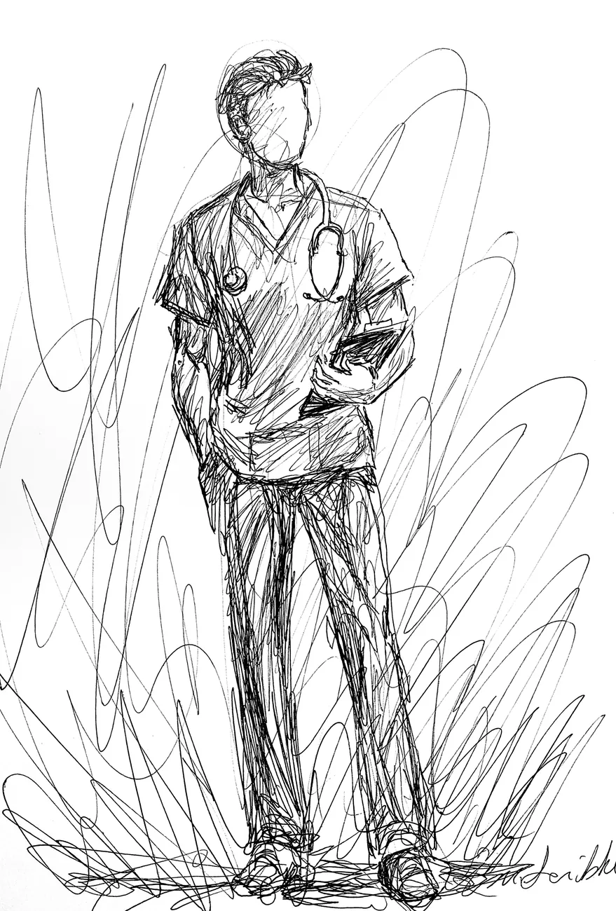 Scribble drawing in black ink of a doctor in scrubs with a stethoscope, holding a tablet