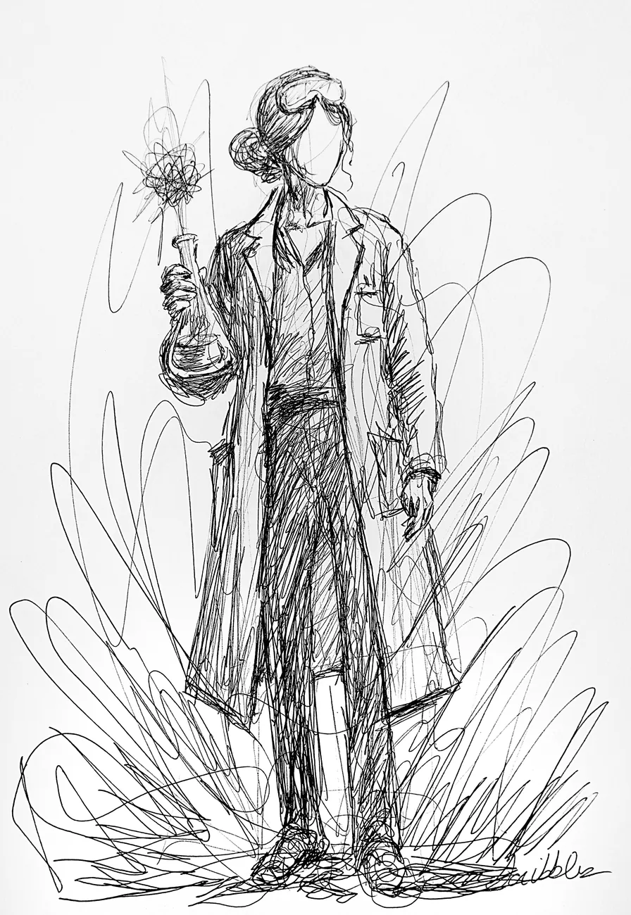 Scribble drawing in black ink of a scientist in a lab coat holding a flask that bursts into lines