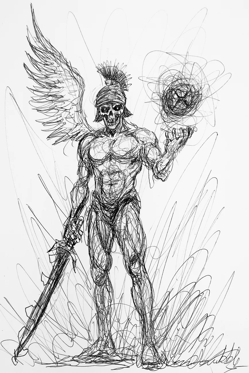 Scribble drawing in black ink of a winged skeletal warrior with a crested helmet and spear, a tangled orb in one hand