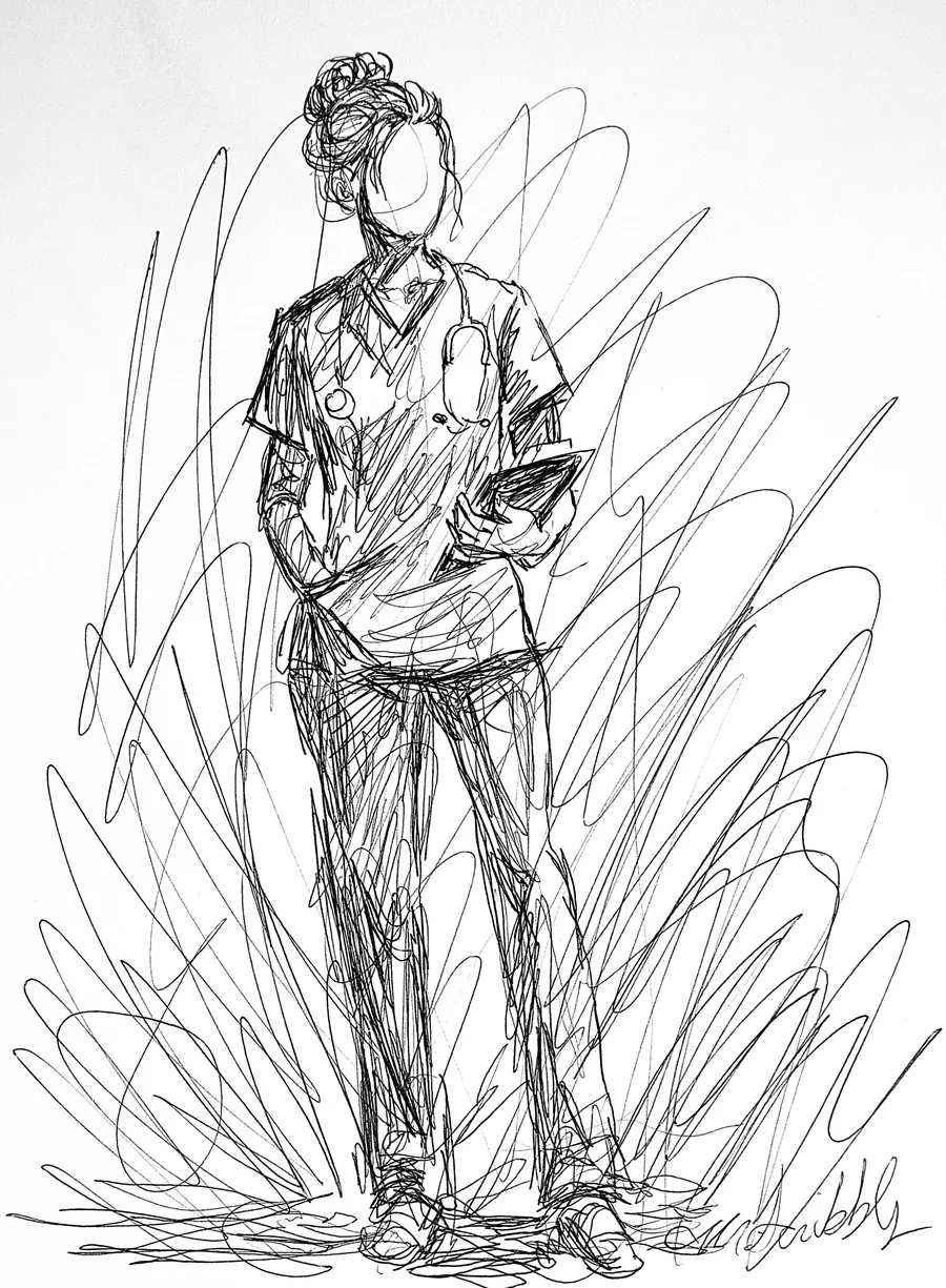 Scribble drawing in black ink of a nurse with her hair up, holding a tablet