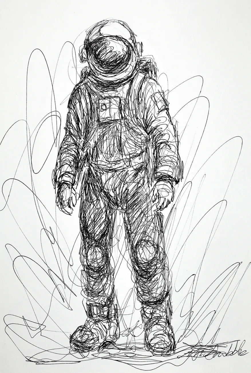 Scribble drawing in black ink of an astronaut standing in a full spacesuit
