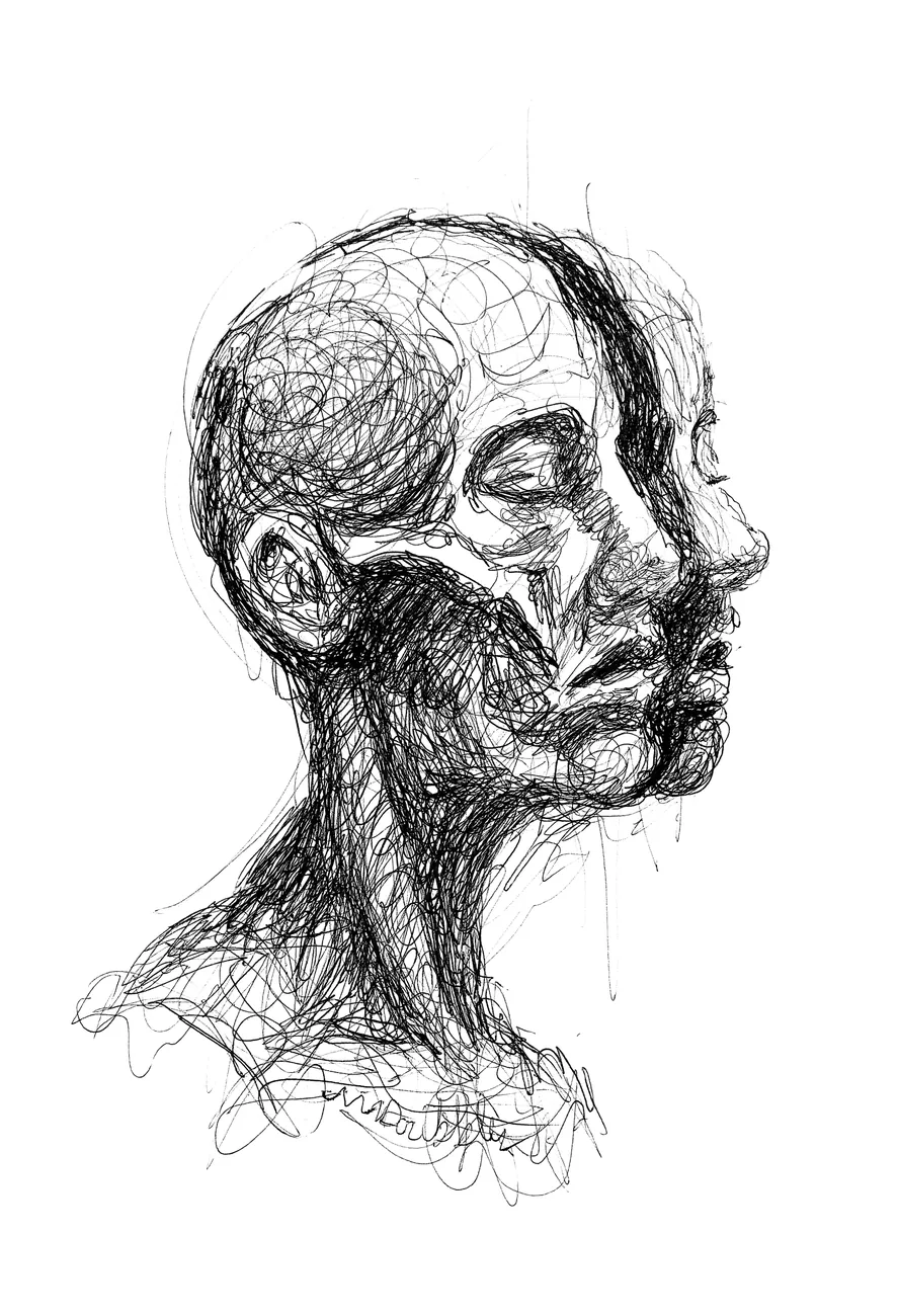 Scribble drawing in black ink of a head in profile with closed eyes